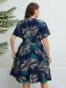 Plus size floral impressão envolto vneck vestidos femininos curto plissado mangas aline bohemia robe casual senhora férias roupas 240116