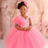 Vestidos de niña de flores rosadas Cuello transparente Encaje con cuentas Vestidos de fiesta de tul con gradas Princesa Niña de las flores Fiesta de primer cumpleaños para niños pequeños Vestido para hija y madre CF014