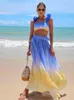 Work Dresses Casual Color Blocking Crop Top Maxi Skirt Set Women Fashion Sleeveless Sling Belt Suit Lady Elegant Vacation Beach Outfit