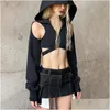 T-shirt das mulheres Camisetas das mulheres Camisetas Goth Dark Irregar Hollow-Out Shoder Cut Cross Strap Hooded Smock Spice Mangas Compridas Slim-Fit Top Dro Dh6Zx