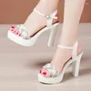 Sandaler Small Size 32-43 Mix Rhinestone Block High Heels Women Summer 2024 Soft Leather Chunky Platform Shoes for Office Model