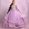 Lavender Flower Girl Dresses Long Sleeves Tiered Tulle Rehinestones Ball Gown Princess Flowergirl Gowns Little Kids Birthday Party Daughter and Mother Dress CF013