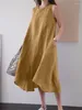 Casual klänningar lång runda nacke elegant bomullskvinnor kläder a-line kjol ärmlös lös sommar sexig klänning för kvinnor