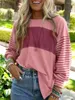Women's T Shirts Striped Print Lantern Sleeve Blouses O-Neck Pullover Casual Top Elegant Office Lady Party Spring Autumn 2024