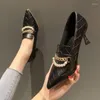 Dress Shoes FHANCHU 2024 Women Pumps Fashion Pearls Chain High Heels Pointed Toe Slip On Korea Style Black Beige Dropship