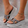 Slippers 2024 Summer Women Mid Heels Shoes Platform Open Open Wear Rhinestone Outdoors Non-Slip