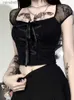 Women's Blouses Shirts Vintage Tops Goth T-shirt Women Bodycon Bandage Lace Black T-shirts Gothic Streetwear Sexy Female Top Casual Mesh Tee YQ240117