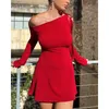 Casual Dresses Women's One Shoulder Bowknot Bundna detalj Red Mini Dress Summer Femme Sexig långärmad klubbutrustning Party Elegant