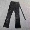 الجينز R-O للرجال النسخة الصحيح من Micro Horn Wax Pants R-O Dark Black Style Pure Hand Pritted Pritted Coded Disual Slim Fitting