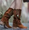 Bohème mi-mollet bottes femmes hiver ethnique Rivet gland bottes femme Faux daim pointu talon épais chaussure chaussons femme 240116