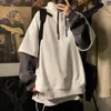 Mit kapuze Sweatshirts Patchwork Gefälschte Zwei Stück Pullover Top Student Übergroßen Koreanische Mode High Street Hip Hop Männer Kleidung 240116