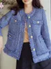 CJFHJE Long Sleeve Blue Tassel Women Coats Autumn Winter Short ONeck Vintage Tweed Jackets Femlae Korean Elegant Lady Outerwear 240116