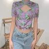 Kvinnors T -skjortor Purple Gothic Vintage Print Crop Top Summer Clothes for Women Corset Sexig Cut Out Short Sleeve Button Up 90s Eesthetic