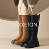 Meotina, diseño de marca, botas hasta la rodilla de cuero genuino para mujer, botas de montar, zapatos de tacón grueso con plataforma para mujer, zapatos de Otoño Invierno Beige 240116