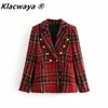 Tweed donna blazer scozzesi rossi moda invernale giacche vintage patchwork femminile blazer cappotti ragazze abiti chic outfit 240116