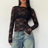 Camisetas para mujer, camisetas transparentes de encaje de manga larga para mujer, camisetas ajustadas con Espalda descubierta, camisetas de primavera y otoño, ropa de calle para discoteca a la moda