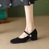 Jurk Schoenen 2024 Vrouwen Schapenvacht Zomer Retro Bruin Zwart Vierkante Neus Dikke Hakken Fashion Casual Dames Mary Jane Kralen