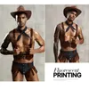 Costume de cosplay de cowboy américain pour hommes, réglable en faux cuir, policier, boîte de nuit, cravate, haut avec culotte, tenue, ensemble de lingerie sexy 240117