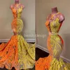 긴 우아한 댄스 파티 드레스 2022 Sheer O-Neck Orange 및 Yellow Squin African African Women Black Girls Mermaid Evening Party 가운 DD281T