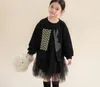 2024 Spring Big Girls Lace Tulle Dresses Kids Floral Rabbit Printed Long Sleeve Dress Kids Black Gauze Princess Complements Z6773