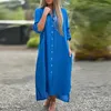 Sıradan Elbiseler 2024 Bahar Kadınlar Yatak Yatak Uzun Kollu MAXI Pamuk Keten Düğmesi Gömlek Tatil Çorna
