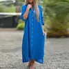 Abiti casual 2024 Primavera Donna Colletto rovesciato Manica lunga Maxi cotone Lino Camicia con bottoni Abito da vacanza