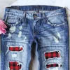 Jeans pour femmes été vintage femmes mode déchiré trou plaid patch patchwork long denim pantalon décontracté streetwear pantalon