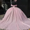 Pink Sparkly Quinceanera Dress Off Shoulder Beads Crystal Tull 16 Year Old Girl Princess Birthday Party Ball Dress