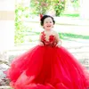 Vestidos de menina de flor vermelha com decote transparente vestido de baile de renda frisada princesa vestidos de menina em camadas de tule para crianças pequenas festa de aniversário vestido de filha e mãe CF008