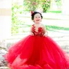 Rote Blumenmädchenkleider klopfer Nacken Perlen Spitzen Ballkleid Prinzessin Blumengirlgowns Stufe Tüll kleine Kinder Geburtstagsfeier Tochter und Mutterkleid CF008