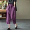 Pantalon femme été littéraire ample épissage couleur unie coton lin taille élastique Haren neuf points décontracté