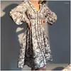 Robes décontractées de base Robes décontractées Vintage Imprimer Taille haute Longue Robe Midi Femmes 2023 Printemps Été Col en V Lanterne Manches Bouton DH0Zk