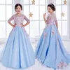 2020 Sky Blue Girls Pageant Dresses Illusion Lace Pink 3D Floral Applicques Satin Kids Flower Long Girls Dress Princess Billiga Birth2675783