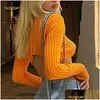 T-Shirt Femme T-shirts pour Femmes Cardigan à Manches Longues Y2K Super Court Crop Top Femmes Orange High Street Coupe Basse Col en V Tee-Shirt Ouvert W Dhr01