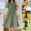 Casual Dresses Female O-Neck dragkedja Kort ärm Sundress Summer Woman Solid Dress Stylish Elegant Work Vintage Loose Midi