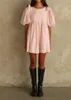 Sukienki swobodne moda damska letnia impreza różowy krótki puchanie rękawów Crewneck dekoracje łuku w paski babydoll s m l