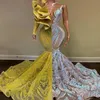 Kontrastfarbene gelbe Meerjungfrau-Abschlussballkleider für schwarze Mädchen, lange Ärmel, Rüschen, Pailletten, afrikanisches Abendkleid, Abschluss-Galadkleid C2616