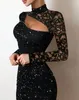 Evening Dresses for Women Elegant Sexy Party Wedding Guest Glitter Contrast Lace Cutout Long Sleeve Bodycon Mini Dress 240116