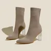 Botas Ribetrini 2024 Marca Alta Transparente Salto Mulheres Sock Ankle Pointed Slip-on Farbic Party Fashion Booties para senhoras