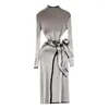 Casual Dresses Lady Winter Maxi Dress Elegant Vintage High Neck With Belted Midje Split Hem Women's Long Sleeve Sticked Mante