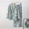 Women's Two Piece Pants Pant Sets Floral Suits For Women Blazer Coats Long Sleeve Printed Female 2 Suit Elastic Waist Trouser 2024 Spring