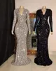 Partysix Women Gray V Neck Long Sleeve Sequin Dress Elegant Evening Dress Party Maxi Dress Ladies Slå klänningar 240116