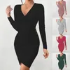 Casual Dresses Solid Colour V Neck Tight Package Hip Slim Sexy Women's Fashion Long Sleeve Pit Stripes Side Buttons Mini Dress