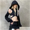 T-shirt das mulheres Camisetas das mulheres Camisetas Goth Dark Irregar Hollow-Out Shoder Cut Cross Strap Hooded Smock Spice Mangas Compridas Slim-Fit Top Dro Dh6Zx