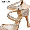 Dileechi Latin Dance Shoes Gold Glitter Rhinestones With Net Women's Ballroom Dancing Shoes Salsa Soft Outrole Kuba Heel 9cm 240116