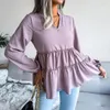 Bluzki damskie 2024 Spring i jesienne Lantern V-Neck Lantern Long Santern Casual Lose Ruffled Hem Duże szyfonowe top dla kobiet