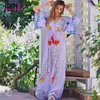 Jastie işlemeli kadınlar maxi elbise v yaka batwing kol gevşek büyük yazlık elbiseler çizmek bel boho plaj vestidos 240116