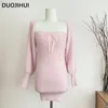 DUOJIHUI Tweedelige roze zoete damesjurken Koreaanse stijl breien zachte chique boog Canshoulder Blast pure kleur vrouwelijke mini-jurk 240117