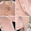 Rose coréen recadrée veste en tweed femmes de luxe printemps automne col rond conception manteau dames bureau simple boutonnage vêtements vintage 240116
