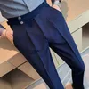 Highwaist mens kostym byxa brittisk stil affärsformell slitkläder enkel smal fit casual office byxor raka pantaloner 240117